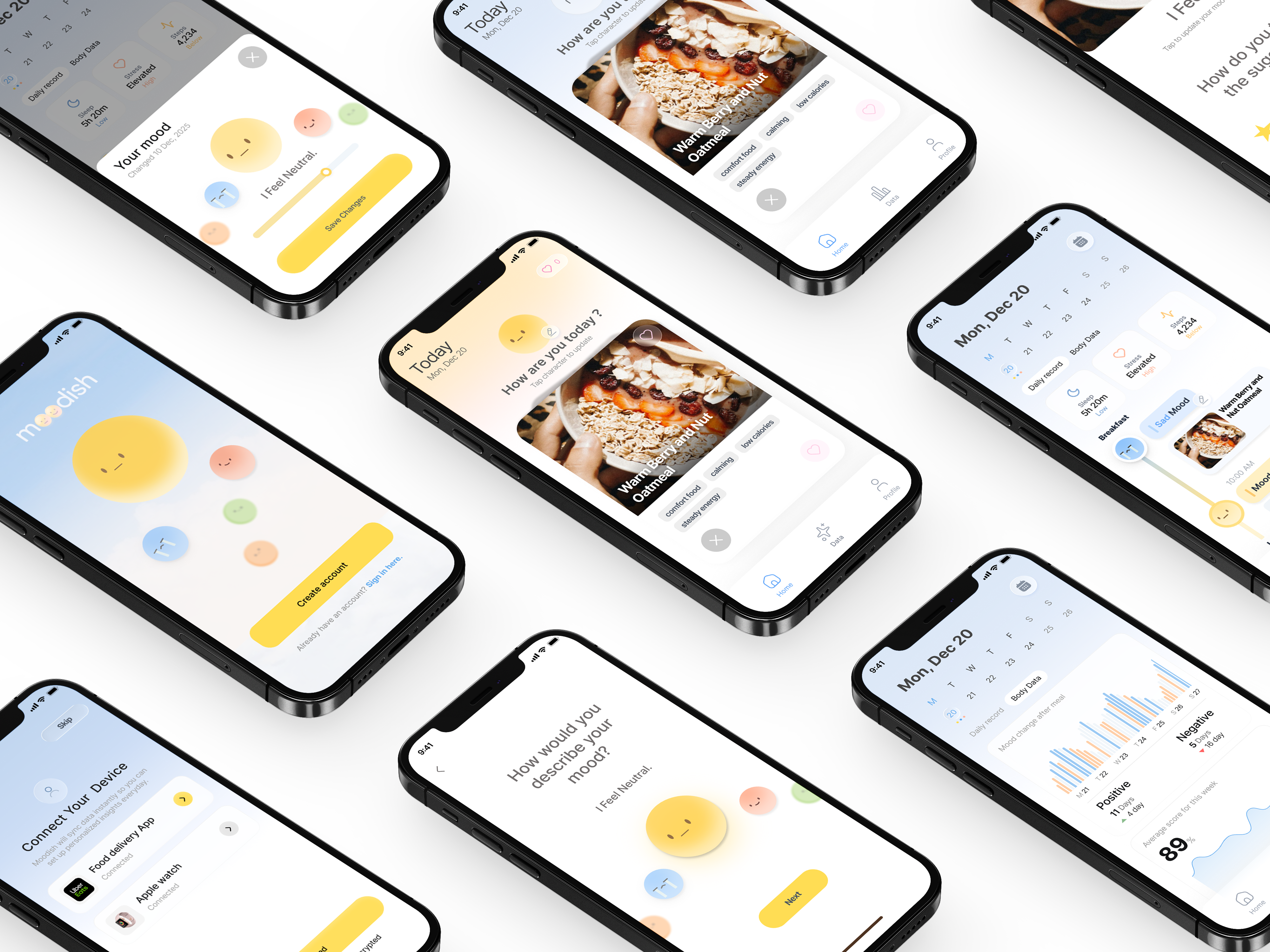 Moodish interface mockups arranged across a white background
